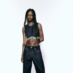BNWT ZARA JEWEL DENIM TOP DARK INDIGO CROP TOP - REF. 7227/240 SMALL
